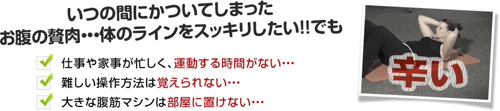 いつの間にかついてしまったお腹の贅肉・・・体のラインをスッキリしたい!!でも仕事や家事が忙しく、運動する時間がない・・・難しい操作方法は覚えられない・・・大きな腹筋マシンは部屋に置けない・・・