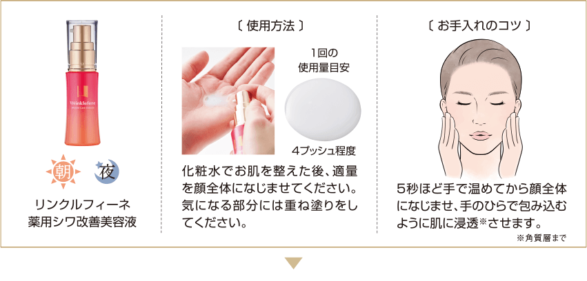 朝 夜 リンクルフィーネ 薬用シワ改善美容液 〔使用方法〕 1回の使用量目安 4プッシュ程度 化粧水でお肌を整えた後、適量を顔全体になじませてください。気になる部分には重ね塗りをしてください。 〔お手入れのコツ〕 5秒ほど手で温めてから顔全体になじませ、手のひらで包み込むように肌に浸透※させます。 ※角質層まで