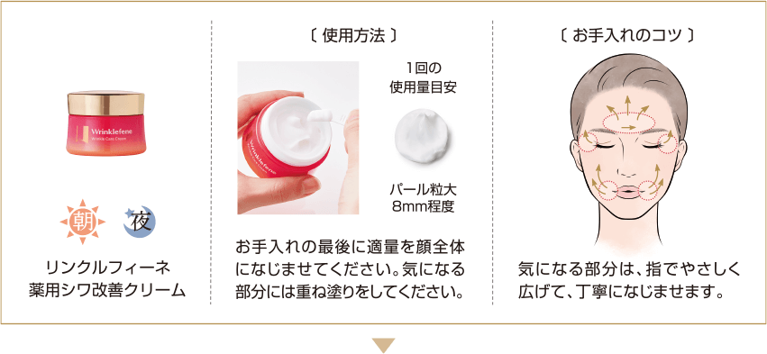 朝 夜 リンクルフィーネ 薬用シワ改善クリーム 〔使用方法〕 1回の使用量目安 パール粒大8mm程度 お手入れの最後に適量を顔全体になじませてください。気になる部分には重ね塗りをしてください。 〔お手入れのコツ〕 気になる部分は、指でやさしく広げて、丁寧になじませます。