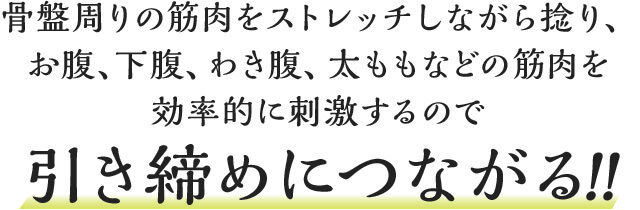 骨盤周りの筋肉をストレッチしながら捻り、お腹、下腹、わき腹、太ももなどの筋肉を効率的に刺激するので引き締めにつながる!!