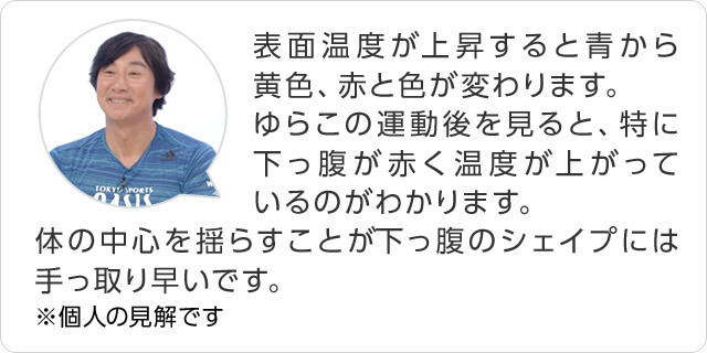表面温度が上昇すると青から黄色、赤と色が変わります。ゆらこの運動後を見ると、特に下っ腹が赤く温度が上がっているのがわかります。体の中心を揺らすことが下っ腹のシェイプには手っ取り早いです。 ※個人の見解です