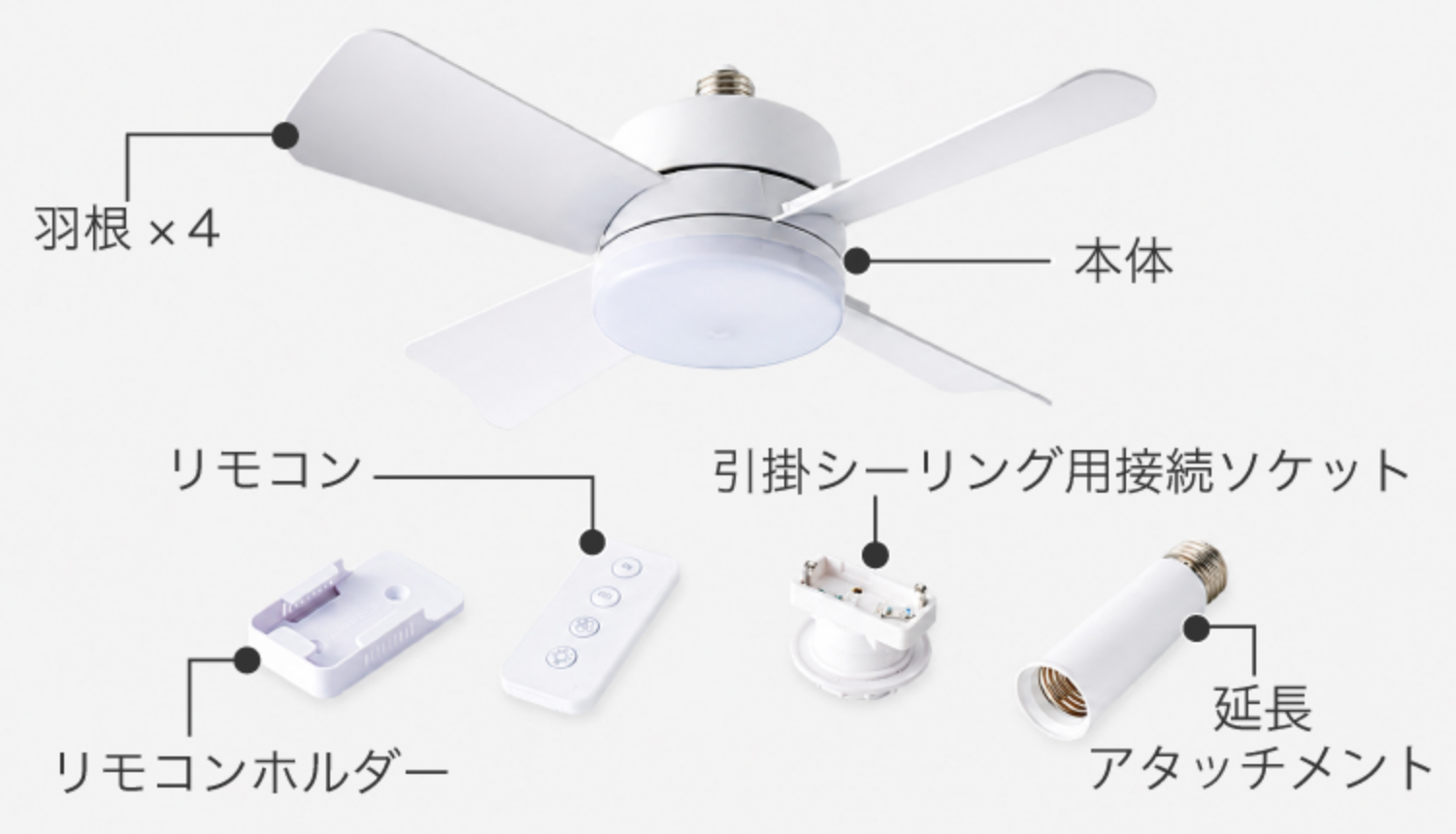 羽根×4 本体 リモコン 引掛シーリング用接続ソケット リモコンホルダー 延長アタッチメント