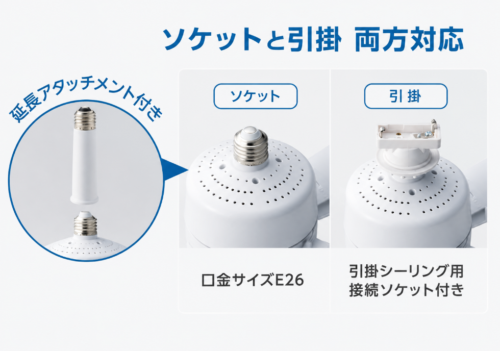 延長アタッチメント付き 口金サイズE26 引掛シーリング用接続ソケット付き