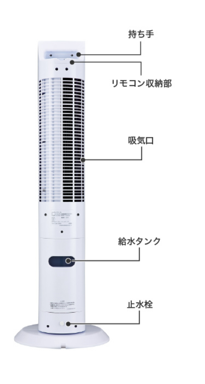 持ち手 リモコン収納部 吸気口 給水タンク 止水栓