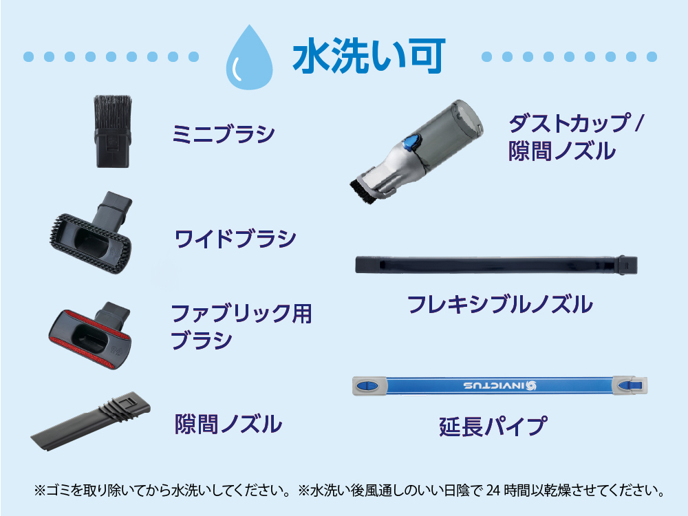 水洗い可　ミニブラシ　ワイドブラシ　ファブリック用ブラシ　隙間ノズル　ダストカップ/隙間ノズル　フレキシブルノズル　延長パイプ