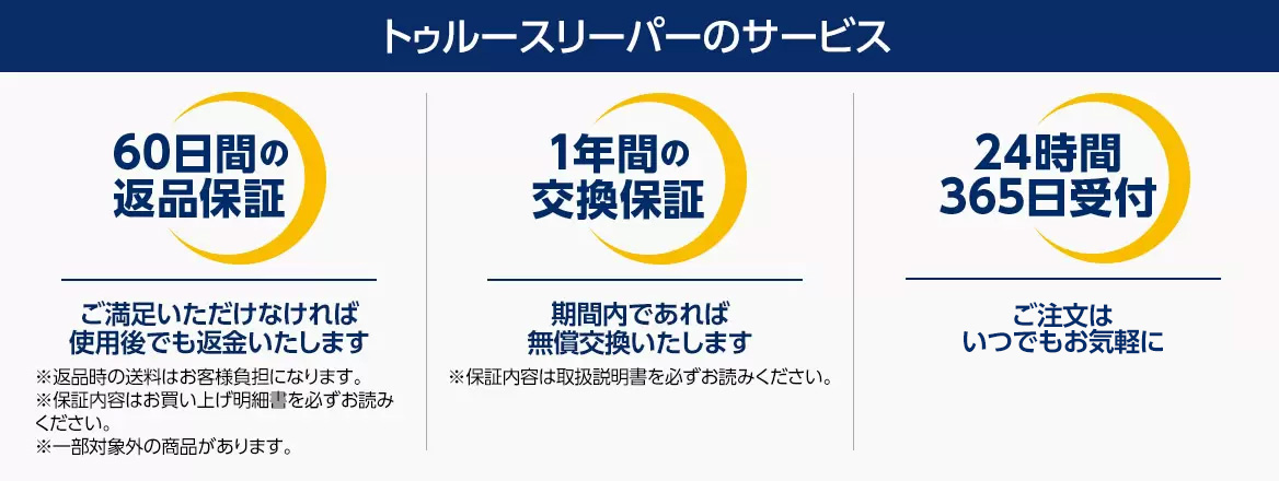 トゥルースリーパーのサービス 60日間の返品保証 1年間の交換保証 24時間365日受付