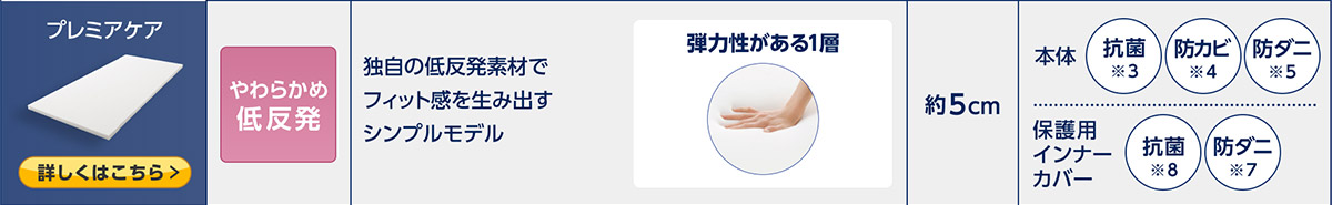 プレミアケア 商品を見る> やわらかめ低反発 独自の低反発素材でフィット感を生み出すシンプルモデル 弾力性がある1層 約5cm 本体 抗菌※3 防カビ※4 防ダニ※5 保護用インナーカバー 抗菌※8 防ダニ※7
